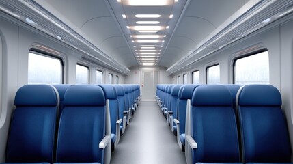 Obraz premium Modern Interior of a Train Cabin Featuring Comfortable Blue Seats and Bright Lighting in a Spacious and Clean Environment