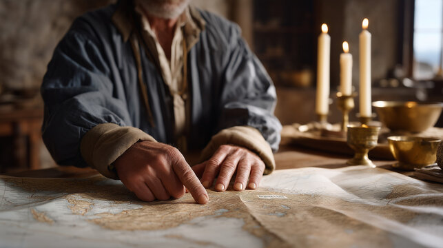Aged WWII map spread across a kitchen table under candlelight, gnarled elderly hands pointing to a European village, survivor storytelling, wartime memory preservation, living history education, gra