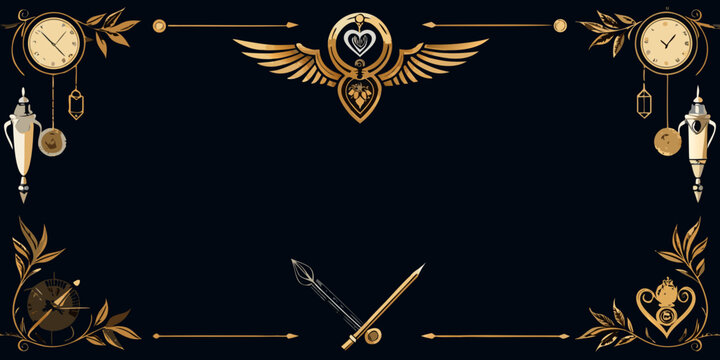 Ornate golden steampunk frame with clocks and wings, vector