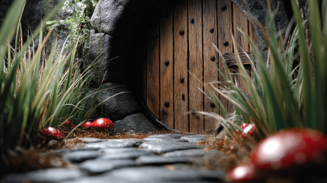 Fairytale door wooden door stone path red mushroom fantasy forest magic entrance round door enchanted garden woodland scene mysterious doorway round wooden fairytale door set stone wall with red