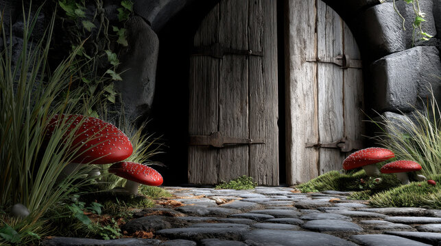 Fairytale door wooden door stone path red mushroom white spot fantasy forest old wood magic entrance grass ivy Fairytale door with wooden door and stone path framed by red mushroom with white spot