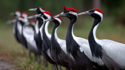 Naklejka premium Elegant crane bird group red cap focus depth perspective wildlife
