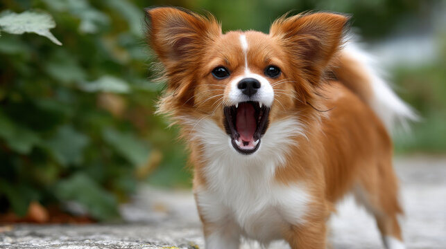 Angry chihuahua barking small dog mouth open outdoors, tiny pet alert stance on path with green foliage background creating comic chaotic energy