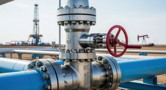 Stainless steel carbon capture injection valve on oil field production line. Sustainable technology for energy sector-specific manufacturer green transition and emission control. Oil rig on background