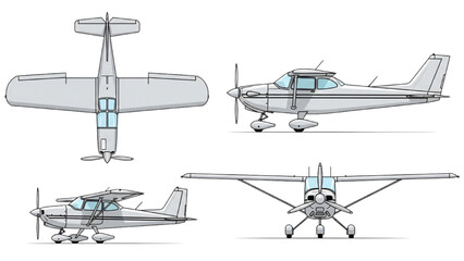 Vector 2D CAD drawings of small airplane from multiple angles © Stock Image Paradise