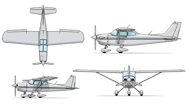 Vector 2D CAD drawings of small airplane from multiple angles