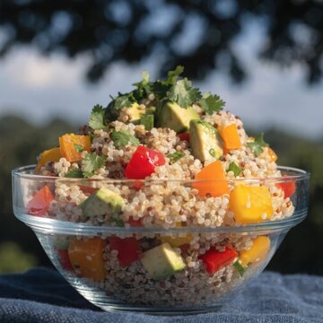 A vibrant fruit and vegetable salad in a clear glass bowl with fresh ingredients.
