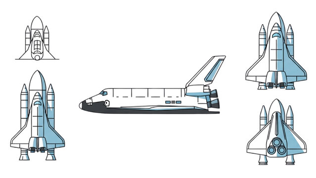 Space shuttle vector 2D CAD designs in multiple angles and views
