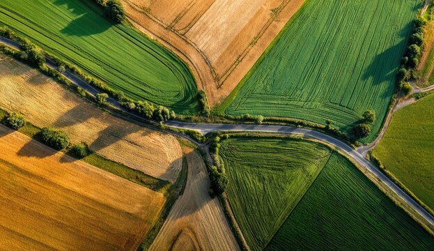 Aerial view of patchwork farmland with winding road under golden hour sun