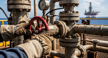 Fototapeta premium Gloved hands adjusting pressure valve on oil rig deck show offshore process control, equipment handling and practical industrial operations in one tight frame.