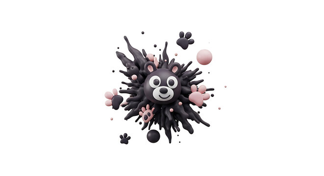 Cute cartoon bear face exploding in abstract organic shapes and paw prints, playful 3d render