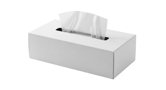 White tissue box with one tissue sticking out on isolated transparent background