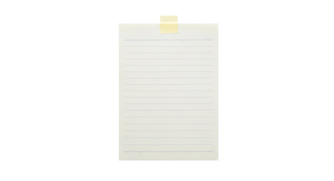 A blank piece of lined paper note with yellow tape isolated on transparent background