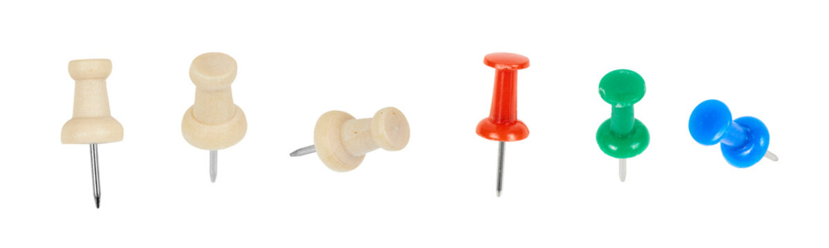 set of wooden and colorful 3d push pins or sharp thumbtack needles isolated on white or transparent png