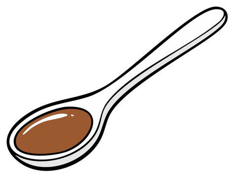 An illustrated spoon holding a spoonful of brown liquid medicine or food sauce