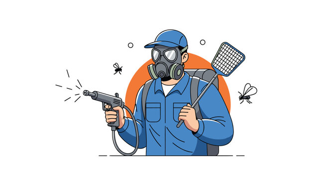 Dedicated pest control worker wearing a gas mask and protective gear holds a sprayer and a swatter to catch insects.
