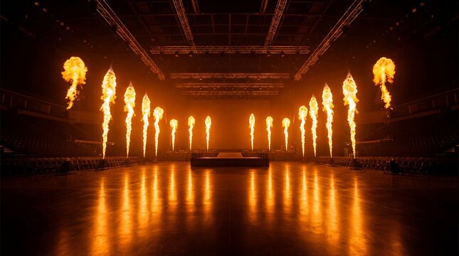 Stage pyrotechnic show with orange flames concept. Spectacular indoor stage with flame effects and vibrant lighting.
