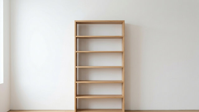 Empty wooden bookshelf in a minimalist virtual background with white walls