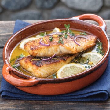 Grilled fish fillet served with a garnish of herbs on a wooden platter
