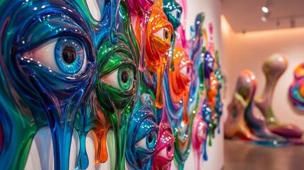 Fototapeta premium Abstract trippy background with melting eyes concept. Vibrant abstract sculptures in a modern art gallery setting.