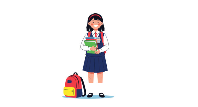 Smiling schoolgirl in a navy blue uniform stands with a stack of books while a red backpack rests on the floor.