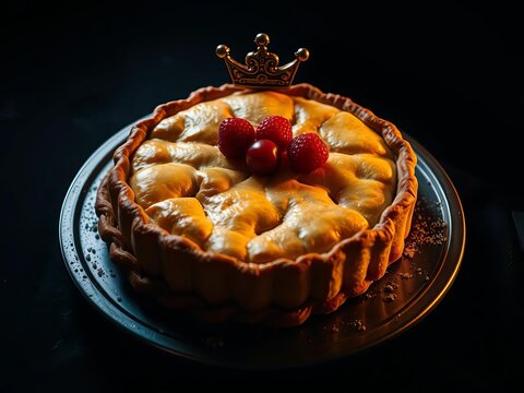 The sovereign pie, bathed in stark contrasts, a culinary monarch presiding over a canvas of profound darkness,  sovereign,  chef