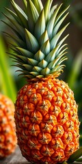 Fototapeta premium Vibrant ripe pineapple, golden yellow skin, green leafy crown Tropical freshness, culinary delight, raw, taste