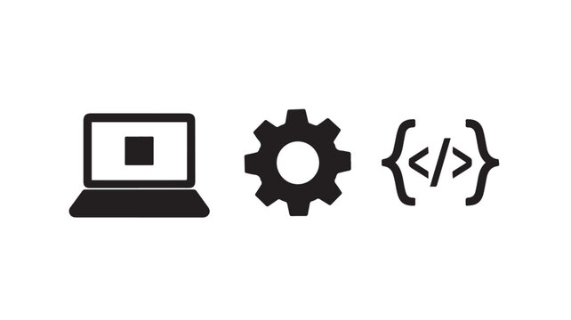 Coding and development concept with laptop gear and code symbols