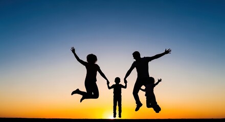Obraz premium Joyful family silhouette a moment of happiness and togetherness at sunset
