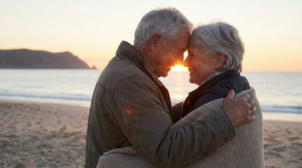 Obraz premium Elderly couple embracing on a beach, foreheads touching and smiling happily. Golden sunset light illuminates their faces with a warm glow.