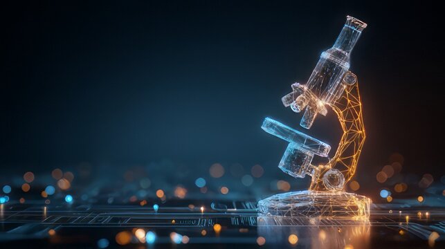 Low poly, polygonal mesh microscope fusion of science, technology. Wireframe microscope for laboratory research, scientific advancement, and digital data analysis on a dark background. 