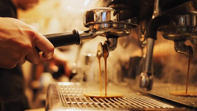 Barista extracting fresh espresso from coffee machine, showcasing rich crema and artisanal brewing process in a cozy cafe setting, perfect for coffee culture and lifestyle concepts.