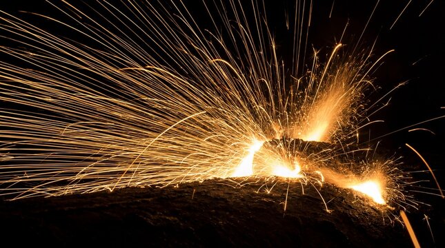 Dynamic radiant spark flutter on black concept. Volcanic eruption with glowing lava and flying sparks at night.