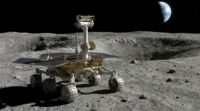 Robotic space rover with solar panels and cameras on a rocky, cratered surface. Distant Earth glows in the dark cosmic background.
