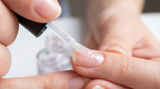 Applying Clear Nail Polish Base Coat or Top Coat to Fingernail with Brush