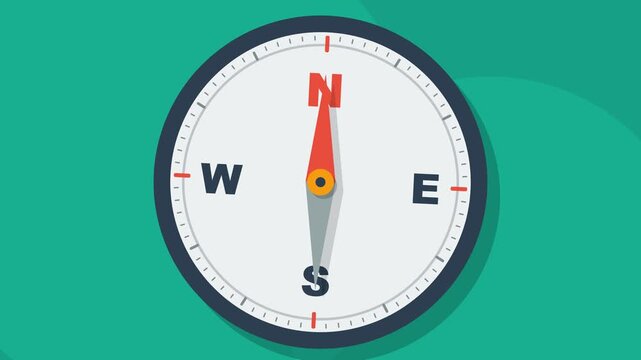 Flat Design Animated Compass Pointing North for Business Strategy Navigation and Leadership Concepts