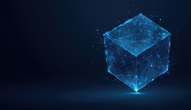 Glowing blue geometric cube formed by interconnected lines and dots