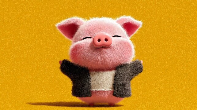 A cute pink pig stands with arms raised, radiating happiness in a fuzzy sweater. The bright yellow background enhances the playful and warm atmosphere, inviting smiles all around