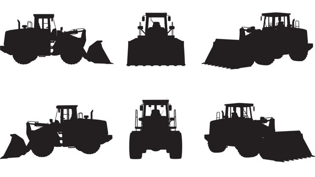 Tractor equipment silhouette set with front loader and backhoe views for construction and farm vector design