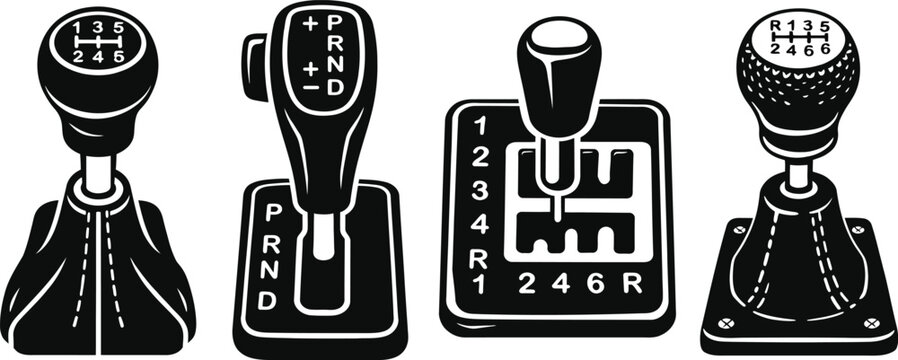 Set of car gear shift levers including manual and automatic transmission types vector illustration
