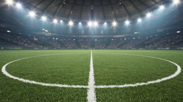 "Professional soccer stadium background set with lush green grass pitch, empty arena seats, bright floodlights, and realistic sports atmosphere for 2026 World Cup concepts."
