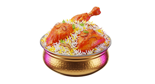 Delicious chicken biryani served in a decorative hammered metal bowl, aromatic rice with spices and tender chicken pieces, perfect for food blogs and culinary advertising