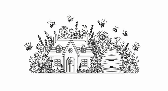Whimsical cottage surrounded by abundant flowers, buzzing bees, and a beehive