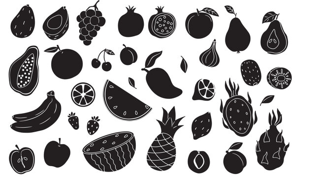 Fruit icons set with black silhouettes of various fresh produce, including grapes, oranges, pears, and berries