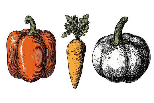 Line-art illustration of three vegetables a pumpkin, a carrot, and a second pumpkin
