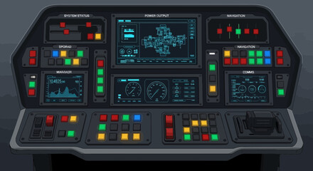 Naklejka premium Futuristic spaceship control panel interface with screens buttons and levers in a cockpit style illustration; pixel art style