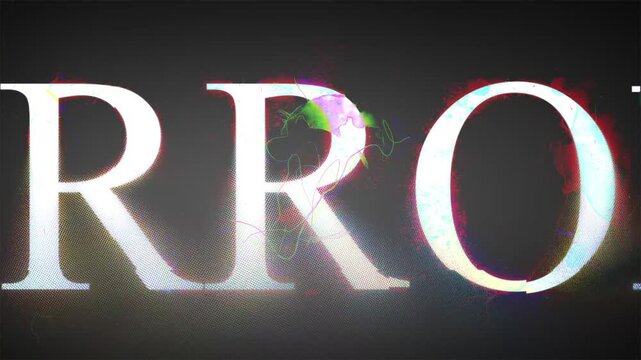 Digital glitch text animation featuring Error 404 typography with RGB split distortion and cyberpunk style effect. Futuristic digital error screen with chromatic aberration on dark background