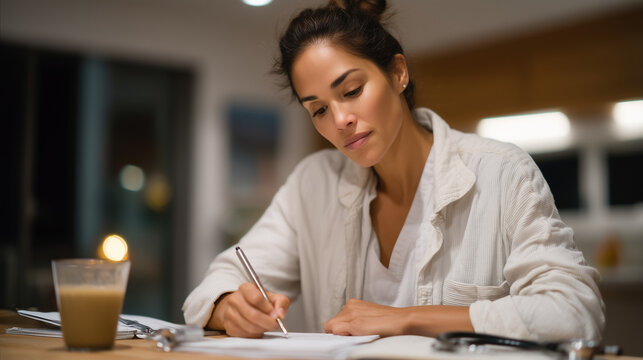 Filipino nurse studying medical licensing exam flashcards at kitchen table after night shift, stethoscope beside coffee, professional requalification struggle, immigrant healthcare worker, credentia