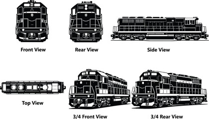 Train locomotive different views front, back, right, top, front right angle, and back left angle in black and white © AbuHuraira