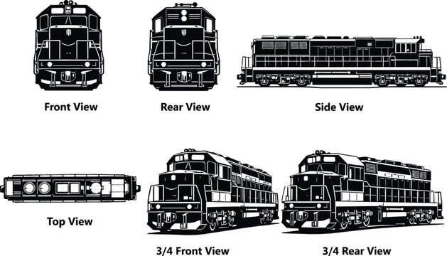 Train locomotive different views front, back, right, top, front right angle, and back left angle in black and white